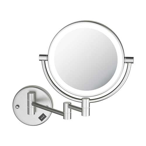 KIBI Circular Wall Mount Makeup Mirror with LED Lights, Dual-Sided 1x/5x Magnifying Mirror with Adjustable Arm, 360° Swivel, Solid Brass Construction for Durability and Style (Brushed Nickel, KMM101) - color: Brushed Nickel