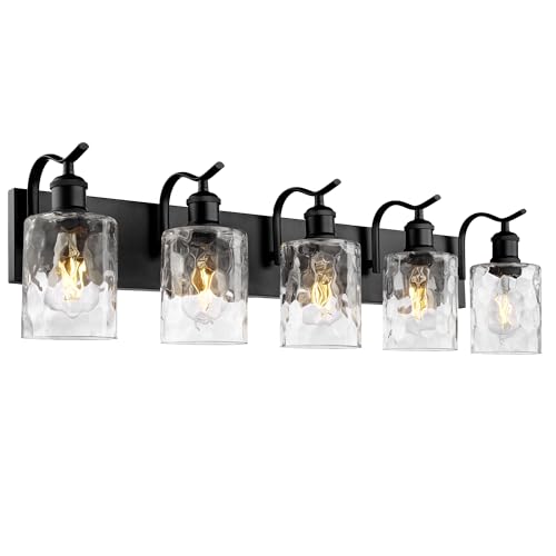 Bathroom Vanity Light Fixtures 5-Light Hammered Glass Modern Wall Mounted Over Mirror Black - VL01BKH-5 - color: Black & Hammered Glass, size: 5 LIGHT