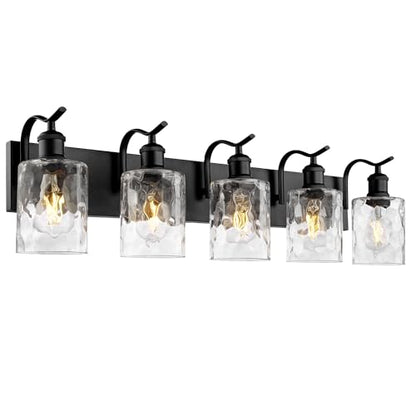 Bathroom Vanity Light Fixtures 5-Light Hammered Glass Modern Wall Mounted Over Mirror Black - VL01BKH-5 - color: Black & Hammered Glass, size: 5 LIGHT