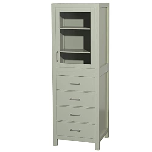 Wyndham Collection Sheffield 24 Inch Linen Tower in Light Green with Shelved Cabinet Storage and 4 Drawers