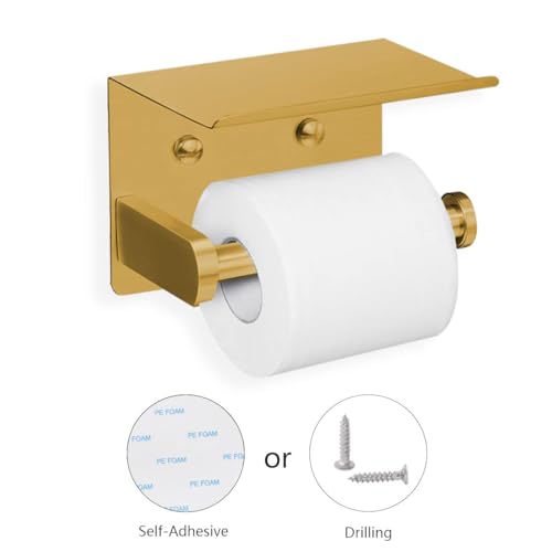 VAEHOLD Self Adhesive Toilet Paper Holder with Phone Shelf Stainless Steel Wall Mounted Toilet Paper Roll Holder - Rustproof and Bathroom Washroom Tissue Roll Holder with Storage Shelf - Gold - color: Gold