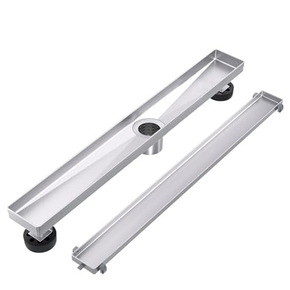 EXF Linear Shower Drain 12 Inch Brushed Nickel with Tileable Grate | 304 Stainless Steel, V-Slope Design, Debris Strainer, Seamless, Adjustable Height - color: Brushed Steel, size: 12 IN