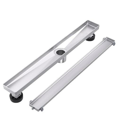 EXF Linear Shower Drain 36 Inch Brushed Nickel with Tileable Grate | 304 Stainless Steel, V-Slope Design, Debris Strainer, Seamless, Adjustable Height - color: Brushed Steel, size: 36 IN