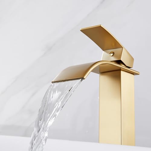 Midanya Waterfall Tall Bathroom Vessel Sink Faucet,Brushed Gold | with 24” cUPC Water Hoses,Pop Up Drain without Overflow,for 1 hole Vanity,RV,Lavatory,Bowl,Farmhouse,SUS304,Single Handle - color: Gold