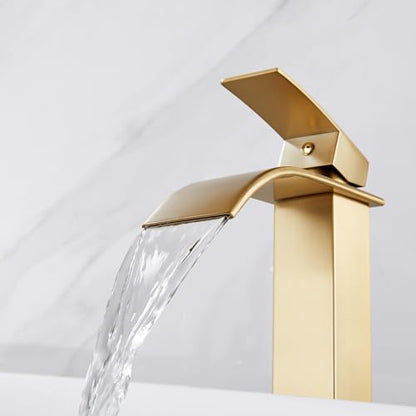 Midanya Waterfall Tall Bathroom Vessel Sink Faucet,Brushed Gold | with 24” cUPC Water Hoses,Pop Up Drain without Overflow,for 1 hole Vanity,RV,Lavatory,Bowl,Farmhouse,SUS304,Single Handle - color: Gold