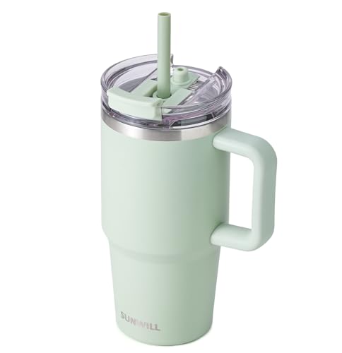 SUNWILL Travel Coffee Mug with Lid, 20 oz Tumbler with Handle and Straw Leak Proof, Stainless Steel Cup Insulated for Office & Gym, Cupholder Friendly, Powder Coated Matcha Cream - color: Powder Coated Matcha Cream, size: 20 Ounces