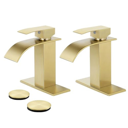 Bathroom Faucets Brushed Gold Waterfall Bathroom Sink Faucet 2 Pack | with Pop-up Drain & Deck,Supply Hoses,Single Handle Vanity Faucet,Stainless Steel,1 or 3 Hole,RV,Farmhouse Bathrooms - color: A-Brushed Gold x 2, style: Short