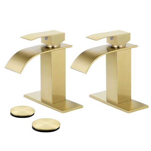 Bathroom Faucets Brushed Gold Waterfall Bathroom Sink Faucet 2 Pack | with Pop-up Drain & Deck,Supply Hoses,Single Handle Vanity Faucet,Stainless Steel,1 or 3 Hole,RV,Farmhouse Bathrooms - color: A-Brushed Gold x 2, style: Short