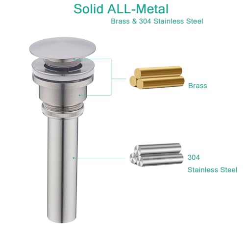 Bathroom Sink Drain With Overflow and Without Overflow Vessel Sink Lavatory Vanity Dual Use Pop Up Drain Stopper,All Metal Rustproof Brass and 304 Stainless Steel,Brushed Nickel - color: Brushed Nickel