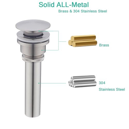 Bathroom Sink Drain With Overflow and Without Overflow Vessel Sink Lavatory Vanity Dual Use Pop Up Drain Stopper,All Metal Rustproof Brass and 304 Stainless Steel,Brushed Nickel - color: Brushed Nickel