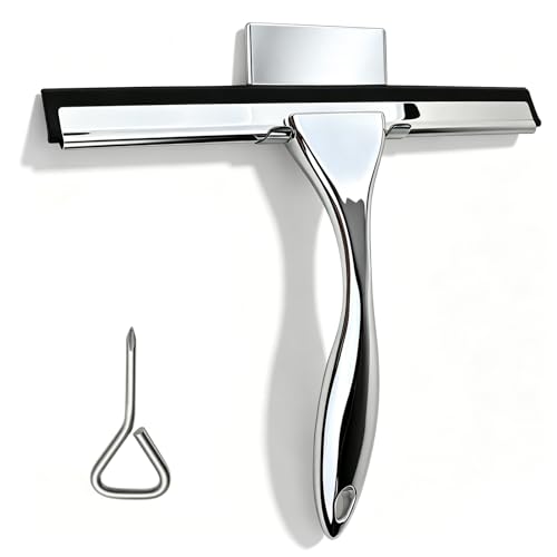 All-Purpose Stainless Steel Squeegee, 10 Inch Silver Shower Squeegee with 1 Adhesive Hooks, Streak-Free Silicone Blade for Shower Door, Window, Car, Tile Wall, Bathroom Household Cleaning Tool