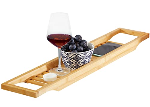 RoyalHouse Bamboo Bath Caddy Tray for Bathtub, Bath Table Tray with Book and Wine Glass Holder, Attractive Design, Suitable for Luxury Spa or Reading, Ideal Gift for Family & Friends - size: 29" x 6" x 1.5"