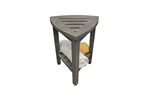 CoastalVogue Snazzy Corner Gray Teak Shower Bench with Storage Shelf | Crafted from 100% solid plantation teak, this corner shower seat resists moisture and outperforms bamboo