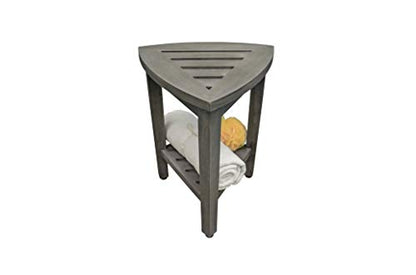 CoastalVogue Snazzy Corner Gray Teak Shower Bench with Storage Shelf | Crafted from 100% solid plantation teak, this corner shower seat resists moisture and outperforms bamboo