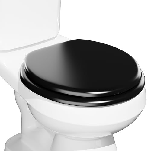 Round Black Slow Close Toilet Seat, Heavy Duty Wood Toilet Seat with Baked Enamel Finish, Support 400 bls, Toilet Lid with Soft Close Zinc Alloy Hinges, Grip-Tight Bumpers, Easy Clean, Quick-Assembly - color: Black, size: Round Slow Close