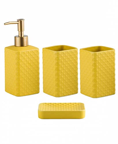 Bathroom Accessories Set Ceramic Soap Dispenser Toothbrush Holder Bathroom Tumbler Soap Dish Bathroom Decor Vibrant Modern Bathroom Set (Yellow 4-Piece Suit) | Includes Soap Dispenser, Toothbrush Holder, Tumbler and Soap Dish, Vibrant Modern Design, for K