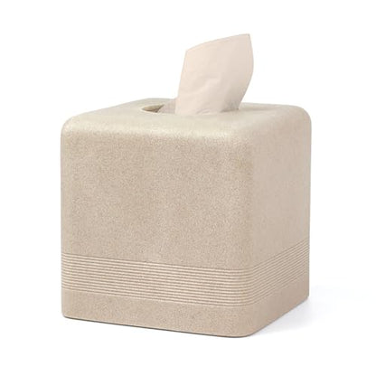Resin Tissue Box Cover, Modern Square Holder, Beige | Resin tissue box cover with modern square design and silicone feet for bathroom vanity, office desk, and living room - color: Beige
