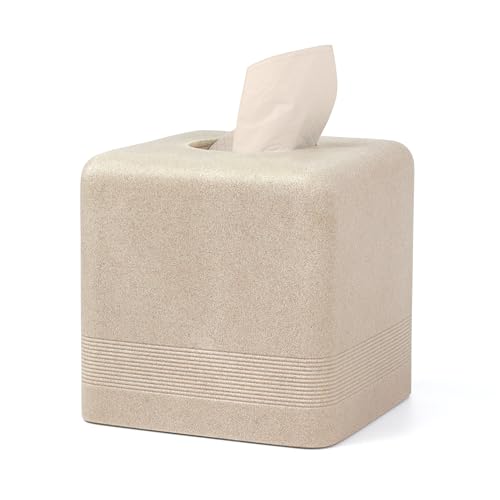 Resin Tissue Box Cover, Modern Square Holder, Beige | Resin tissue box cover with modern square design and silicone feet for bathroom vanity, office desk, and living room - color: Beige