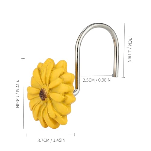 Twofish Home Sun Flower Shower Curtain Hooks Anti Rust Shower Curtain Hooks Decorative Resin Sun Flower Shower Curtain Rings Set of 12 - color: Sun Flower