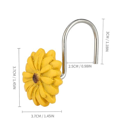 Twofish Home Sun Flower Shower Curtain Hooks Anti Rust Shower Curtain Hooks Decorative Resin Sun Flower Shower Curtain Rings Set of 12 - color: Sun Flower