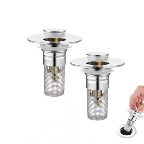 2-Piece Stainless Steel Bathroom Sink Plugs, Bathtub Drain Stoppers, Pop-Up Sink Drain Strainer Features Removable Stainless Steel Strainer with Hair Catcher Compatible with American Sink strainers