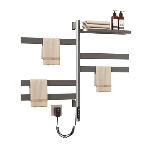 Electric Heated Towel Rack with Storage Rack, Rotating Towel Warmer Wall Mounted Drying Rack,Stainless Steel Towel Warmer 5 Bars with Built-in Timer, Plug-in or Hardwired,Grey - color: Grey