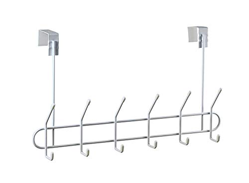 Spectrum Over the Door Organizer with Hooks for Hanging Coats Jackets Bags Totes & Towels, Easy Install Sturdy Steel Over Door Hook Rack Hanger for Bedroom Laundry Room Clost Storage, White
