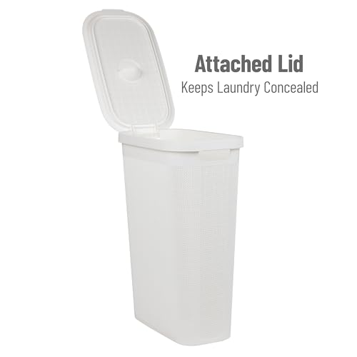 Mind Reader Slim Laundry Hamper with Lid, 40L Clothes Basket, Linen Design, Plastic, White - color: White