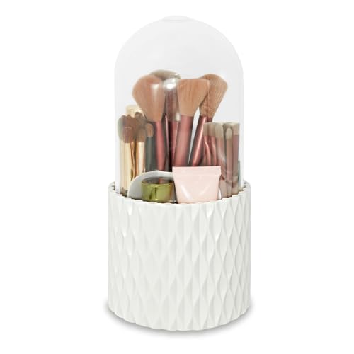 360°Smooth Rotating Makeup Brush Holder with Dustproof Lid Spinning Vanity Organizer for Beauty Lipstick Perfume,Brushes Storage Container,Countertop,Dressing Table,Bathroom Desk (White)
