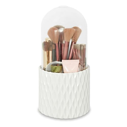 360°Smooth Rotating Makeup Brush Holder with Dustproof Lid Spinning Vanity Organizer for Beauty Lipstick Perfume,Brushes Storage Container,Countertop,Dressing Table,Bathroom Desk (White)