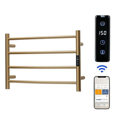 Electric Towel Rack with Voice Control for Alexa & Google Home,TUYA - Wall-Mounted Bathroom Heating Towel Warmer,Plug-in,Stainless Steel Material,16.54x23.62x5.51 in,Gold，4 Bars - color: Gold With Wifi, size: 4 Bar