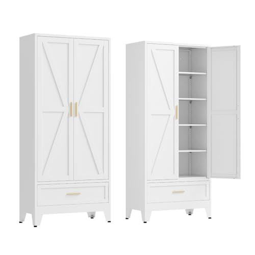71" Tall Kitchen Pantry Cabinet,Farmhouse Pantry Cabinet,Metal Cabinet with Adjustable Shelves and Drawer,Storage Cabinet for Kitchen Dining Room Garage,White 1 Pack - color: White, size: 15.8"D x 31.5"W x 71"H