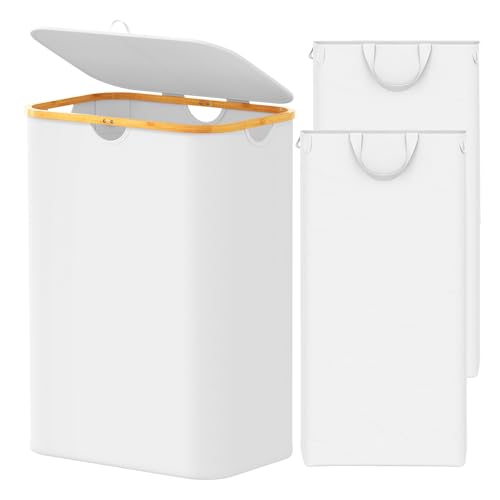 SpaceAid Double Laundry Hamper 2 Section with Lid and Removable Laundry Bags, 160L Clothes Basket with Bamboo Handles, Large Collapsible Hamper for Bedroom, Bathroom, Dorm, Laundry Room - White - color: White, size: 160 L