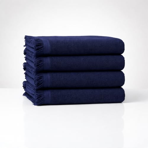 Fringed Reversible Fingertip Hand Towel (Size 11" W x 18" L) Terry Cotton Washcloth Set for Face and Bathroom use. (Navy, 3)