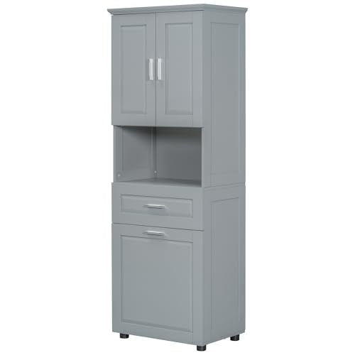 JIVOIT 70" H Tall Bathroom Cabinet with Laundry Basket, Double Cabinets with Doors and Open Storage Space, Tilt-Out Laundry Hamper and Upper Storage Cabinet (Grey * 102) - color: Grey * 102