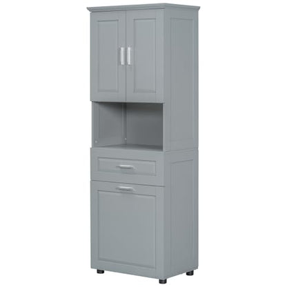 JIVOIT 70" H Tall Bathroom Cabinet with Laundry Basket, Double Cabinets with Doors and Open Storage Space, Tilt-Out Laundry Hamper and Upper Storage Cabinet (Grey * 102) - color: Grey * 102
