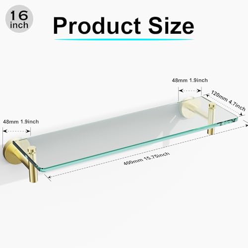 Glass Shelves for Bathroom,16-Inch Brushed Gold Floating Bathroom Shelf Stainless Steel Tempered Glass Shelf Modern Shelves wall Mounted - color: Brushed Gold, size: 16"without railing