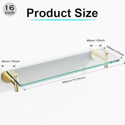 Glass Shelves for Bathroom,16-Inch Brushed Gold Floating Bathroom Shelf Stainless Steel Tempered Glass Shelf Modern Shelves wall Mounted - color: Brushed Gold, size: 16"without railing