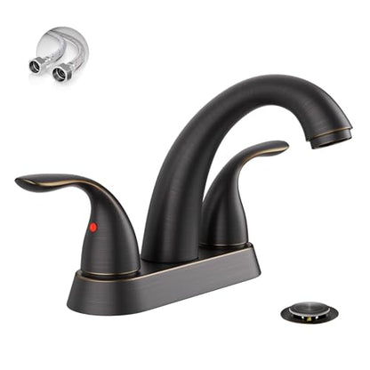 4 Inch 2 or 3 Holes 2 Handles Centerset Lead-Free Bathroom Sink Faucet, Oil Rubbed Bronze Bathroom Faucet with Copper Pop Up Drain and Water Supply Lines, BF008-5-ORB - color: Oil Rubbed Bronze, style: 1 Pack
