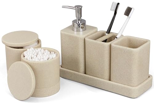 Bathroom Accessories Set, 6 Piece Soap Dispenser Set - Sand Beige | Bathroom Set with Toothbrush Holders, Soap Dispenser, Vanity Tray, Tumbler, Cotton Swab Jars, Bathroom Organizer and Storage - color: Beige