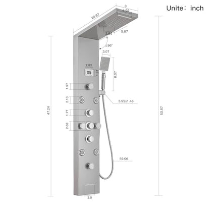 BWE Shower Panel Tower System with Rainfall Waterfall Head | Adjustable Massage Body Jets, Temperature Display Wall Mount Shower Column, Stainless Steel Brushed Nickel and Chrome