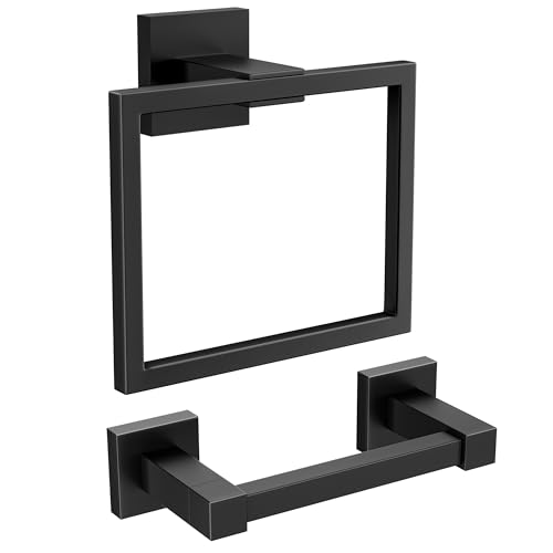 FORIOUS Toilet Paper Holder and Towel Ring Set, Bathroom Accessories Set | Matte Black | Double Post Pivoting Toilet Paper Holder Wall Mounted and Hand Towel Ring | SUS304 Stainless Steel | Square - color: Matte Black, size: Square