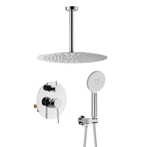KIBI Circular Ceiling Mounted Shower System with 2-Function Faucet Set | Solid Brass Pressure Balanced Valve | Anti-Scald Design for Reliable Water Temperature Control (Chrome Finish, KSF408) - color: Chrome