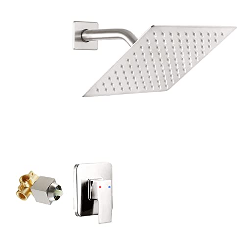 Brushed Nickel Shower Faucet GGStudy Single Function Shower Trim Kit with Rough-in Valve Shower Set Bath Rainfall Shower Faucet System 8inch Square Stainless Steel Metal Shower Head - color: Brushed Nickel, style: Square