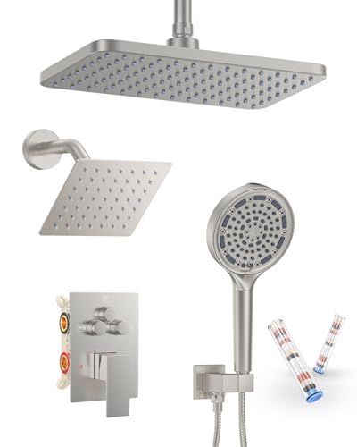 KOJOX Brushed Nickel Dual Shower Head System – 11" Ceiling Rainfall + 6" Wall Mount Heads, 6-Mode Handheld Spray, Push-Button Diverter Faucet Set - color: Brushed Nickel, size: 6''+11''