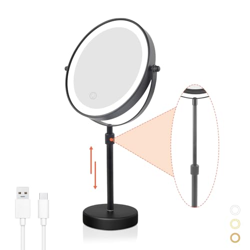 Nicesail LED Lighted Makeup Mirror Tabletop, 10X Magnifying Mirror with 3 Color Lights, Brightness Adjustable Height Adjustable, 15''~19'' Double Sided Touch Switch Desk Mirror, Black(8 Inch, 10X) - color: Rechargeable-black-10x
