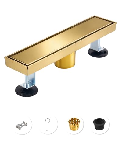 12 Inch Brushed Gold Linear Shower Drain | CUPC Certified 2-in-1 Tile Insert for Curbless Showers. 304 Steel, 15.8GPM Flow. Includes Hair Catcher & Adjustable Feet. - color: Gold, size: 12in