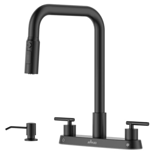 APPASO 4 Hole Kitchen Faucet Matte Black, Dual Handle with Soap Dispenser | Black Kitchen Faucet with Pull Down Sprayer, Square Neck Stainless Steel, Fit for 3 or 4 Holes Standard Sinks, Spot Resist - color: 2-Black