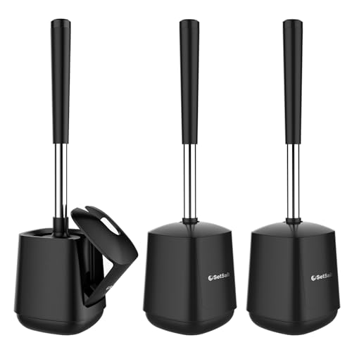 SetSail Toilet Brush and Holder 3 Pack, Self Closing Lid Toilet Bowl Brushes Holder Extra Long Handle Ventilated Toilet Brush Set for Bathroom Cleaning, Nylon Bristles, Black - color: Black, size: 3 packs