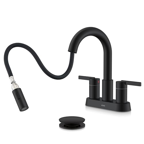Matte Black Centerset Pull Out Bathroom Faucet 4 Inch 2 Handle 3 Hole | Pull Down Bathroom Faucet with Pop Up Drain & Supply Lines, Lead-Free cUPC & NSF Certified, 3 Hole Faucet for Vanity RV Bar - color: Matte Black